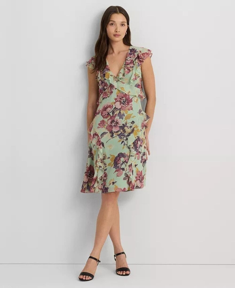 NWT Lauren Ralph Lauren Floral Ruffle Trim Crinkle Georgette Midi Dress Size 4